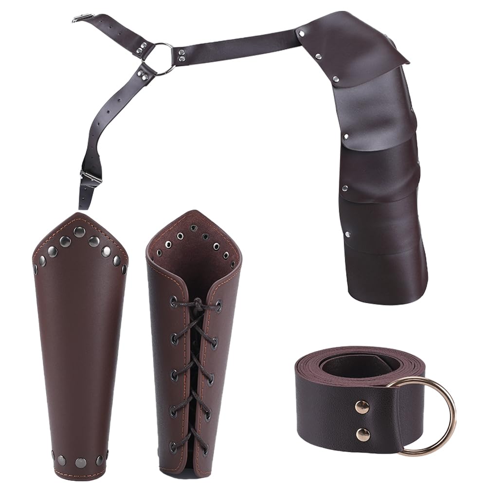 GORGECRAFT 4PCS Medieval Leather Costume Set Leather Arm Guard Bracer Adjustable Buckle Strap Single Shoulder Leather Armor Tie Knot Belt Kit for Halloween Renaissance Knight Cosplay, Coconut Brown