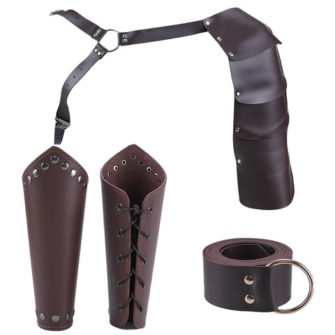GORGECRAFT 4PCS Medieval Leather Costume Set Leather Arm Guard Bracer Adjustable Buckle Strap Single Shoulder Leather Armor Tie Knot Belt Kit for Halloween Renaissance Knight Cosplay, Coconut Brown