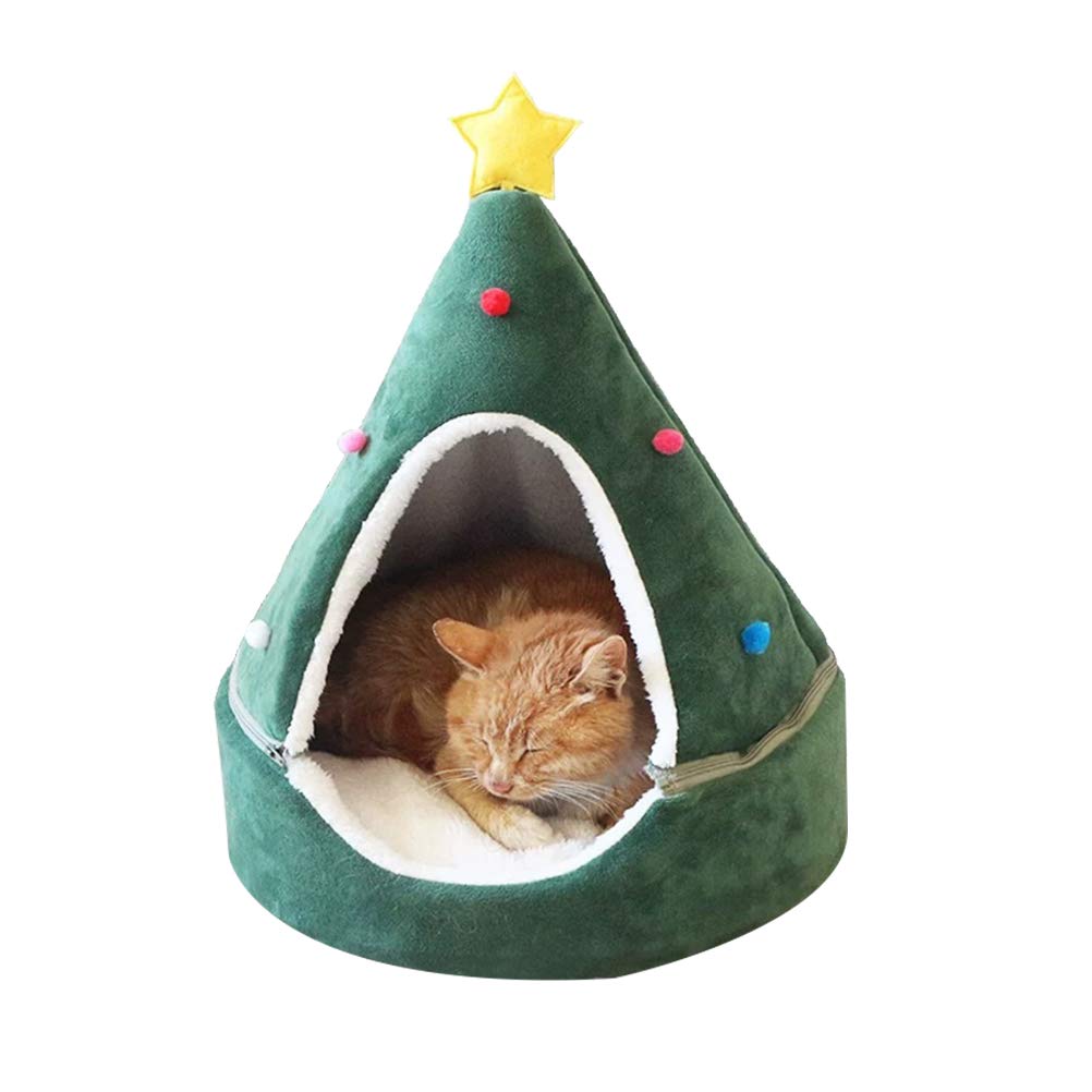 HEITIGN Cat Tent Cave Bed Christmas Tree Cat House Bed Comfortable Triangle Cat Bed Pet Tent House 35 * 45cm (Green)