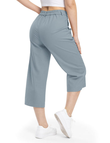 Rdruko Capris Pants for Women Linen Wide Leg Lounge Pants Summer Casual Loose Palazzo Trousers Pants with Pockets,Grey Blue,L