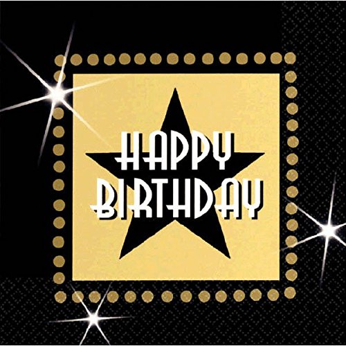 Amscan Star Studded Hollywood Themed Party Happy Birthday Beverage Napkins (Pack of 16), Black/Gold, 5" x 5"