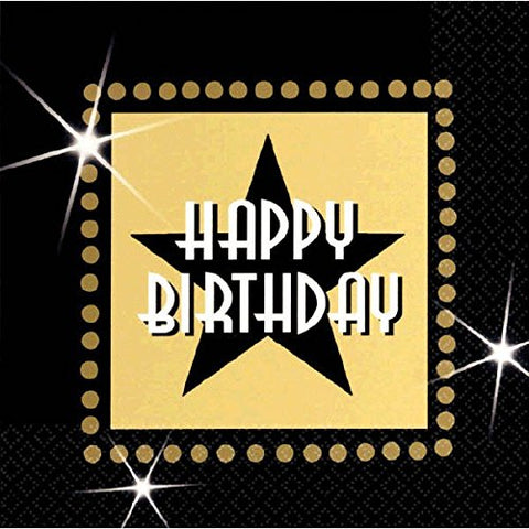 Amscan Star Studded Hollywood Themed Party Happy Birthday Beverage Napkins (Pack of 16), Black/Gold, 5" x 5"