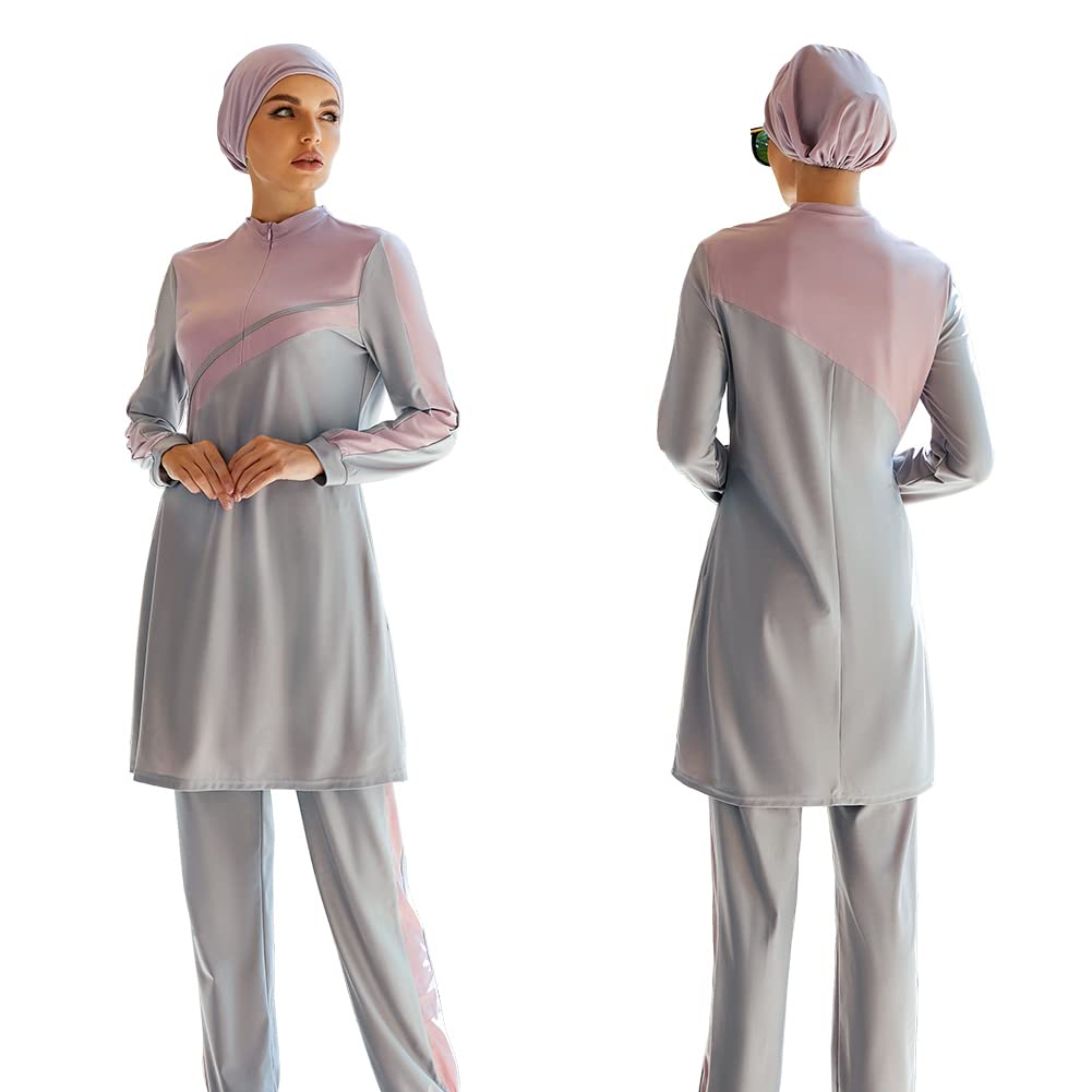 Muslim Swimsuits for Women Modest Islamic Arabic Swimwear Burkini Full Cover Hijab Long Sleeve Muslim Dress Top + Pants Set with Swim Cap Sun Protection Rash Guard Bathing Suits Gray + Pink - Cap L