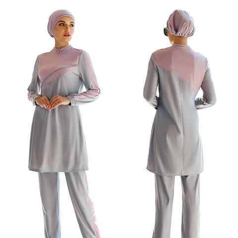 Muslim Swimsuits for Women Modest Islamic Arabic Swimwear Burkini Full Cover Hijab Long Sleeve Muslim Dress Top + Pants Set with Swim Cap Sun Protection Rash Guard Bathing Suits Gray + Pink - Cap L