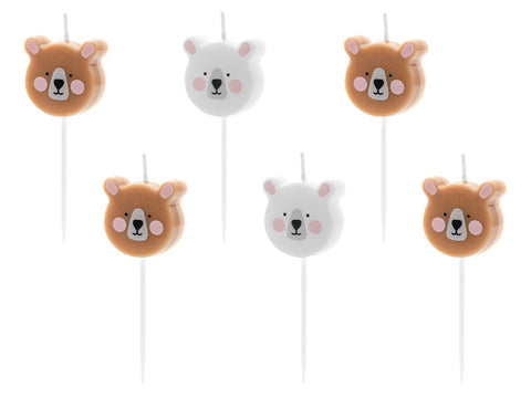 PartyDeco Teddy Bear Birthday Candles - Set of 6 Cute Wax Cake Toppers for Kids | Brown & White | Animal Party & Birthday Cake Decoration