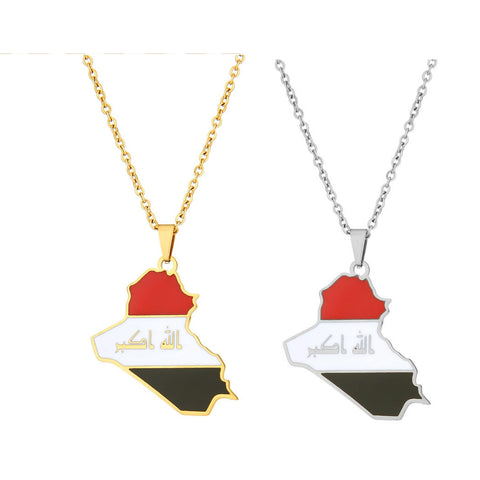 ZENRUIMING 2 Iraq map necklaces, Iraq flag pendant, stainless steel versatile metal sweater necklace for men and women (gold, silver)
