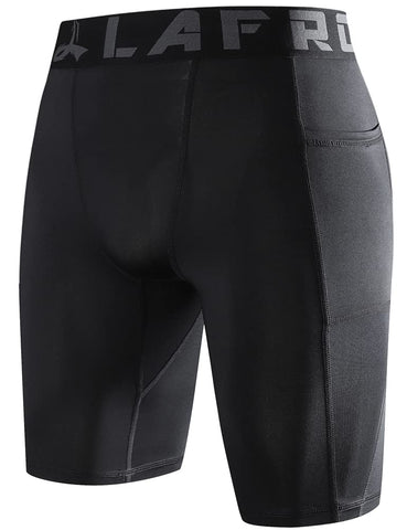 LAFROI Mens Quick Dry Cool Compression Fit Tights Shorts Waistband -YSK09 Pocket Black Size XXL