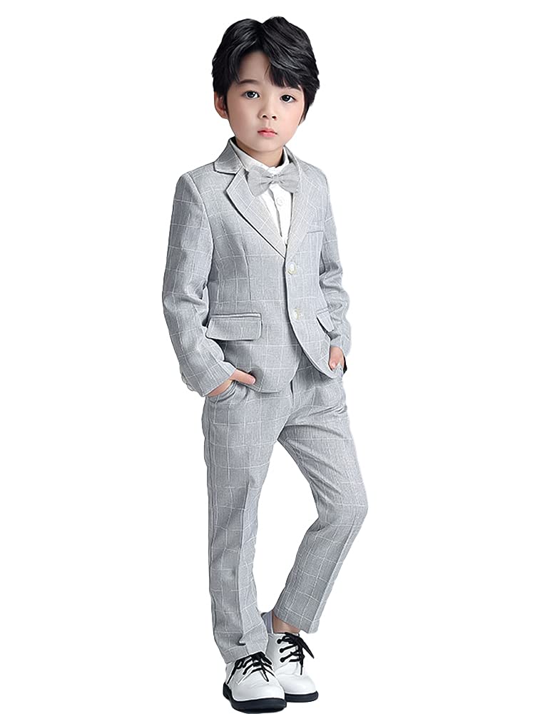 LOLANTA 3PCS Page Boys Plaid Suit, Wedding Prom Smart Blazer, Formal Wear Jacket Trousers Bow Tie Set (13-14 Years, Grey,Tag 170)