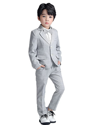 LOLANTA 3PCS Page Boys Plaid Suit, Wedding Prom Smart Blazer, Formal Wear Jacket Trousers Bow Tie Set (13-14 Years, Grey,Tag 170)