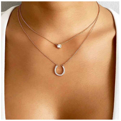 Yheakne Layered Lucky Horseshoe Necklace Gold Rhinestone Pendant Necklace Choker Luxury Solitaire Crystal Necklace Vintage U Shape Necklace Jewelry for Women and Girls Gifts