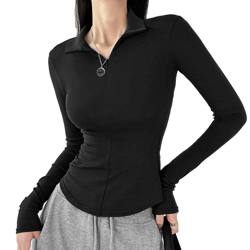 BKEPDY Womens Long Sleeve Tops Slim Fit Casual Solid Color V Neck Crop T Shirt Top Y2K Club Party Streetwear Blouse Tee Tops(XL)