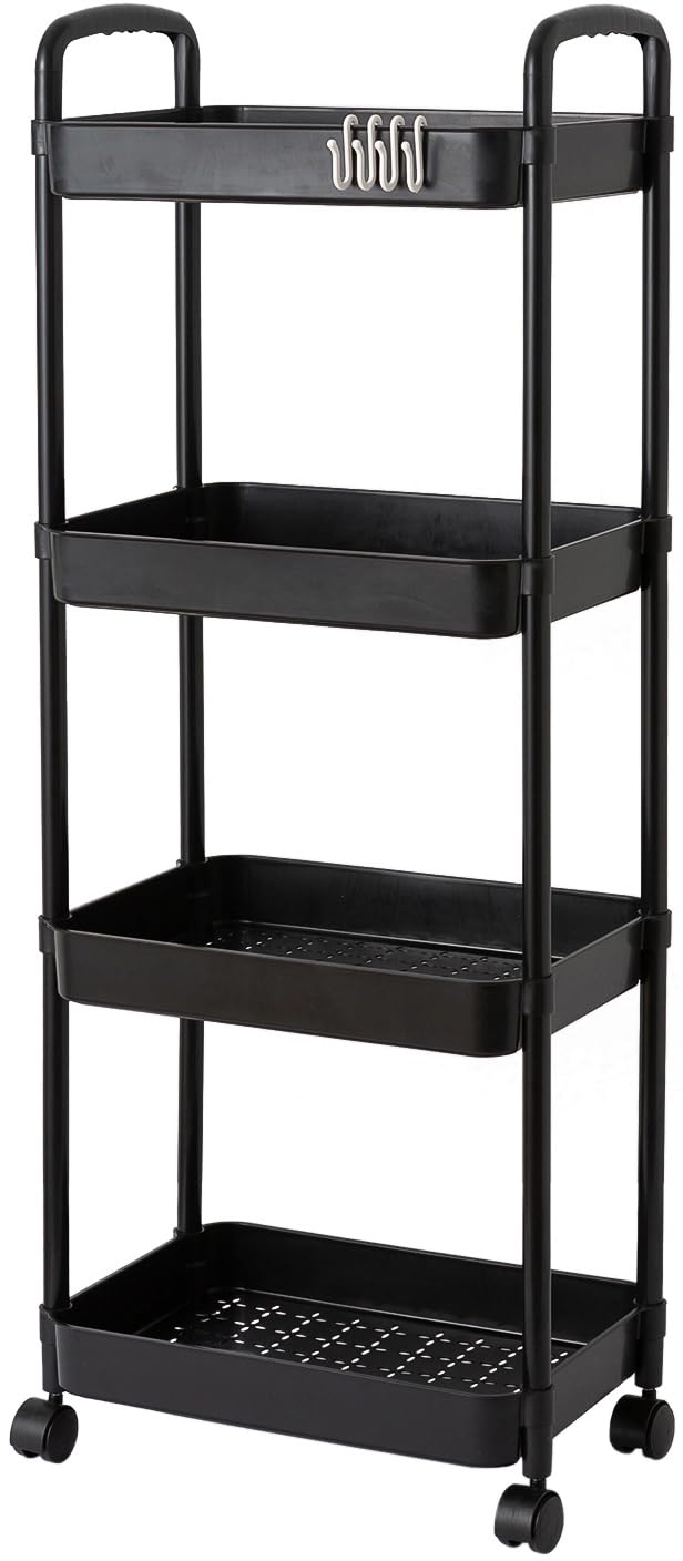 Gagee 4 Tier Rolling Cart with Wheels and Handle,Rolling Storage Cart for Office, Living Room, Laundry Room,Kitchen,Bathroom,Black