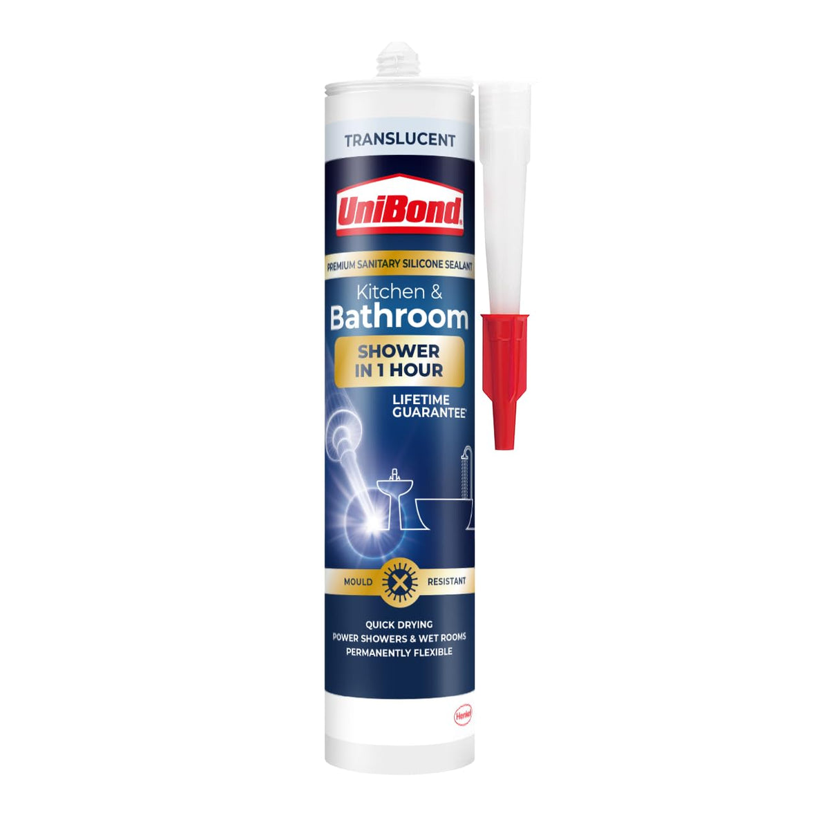 UniBond Kitchen & Bathroom Sealant, Mould Resistant, Translucent Sealant, Quick Drying, Permanently Flexible Formula, 1 x 291g Cartridge