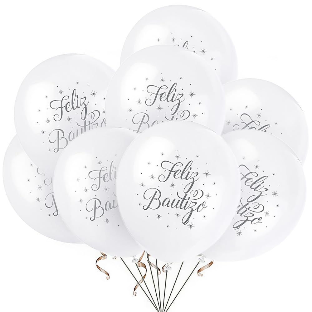 White "Feliz Bautizo" Baptism Balloons, 12" (8-Pack) - Premium Quality & Elegant Latex Balloons, Ideal for Photo Backdrops & Decorations