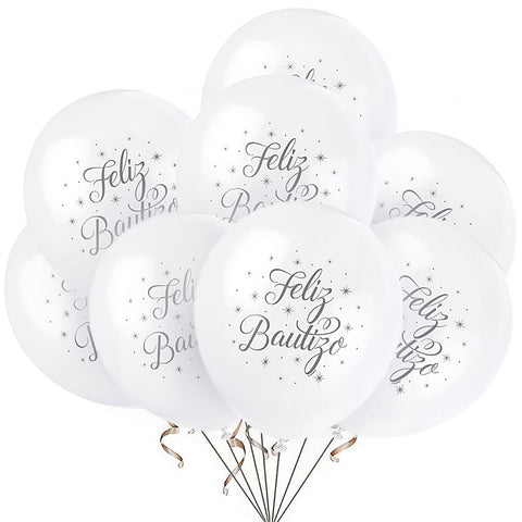 White "Feliz Bautizo" Baptism Balloons, 12" (8-Pack) - Premium Quality & Elegant Latex Balloons, Ideal for Photo Backdrops & Decorations