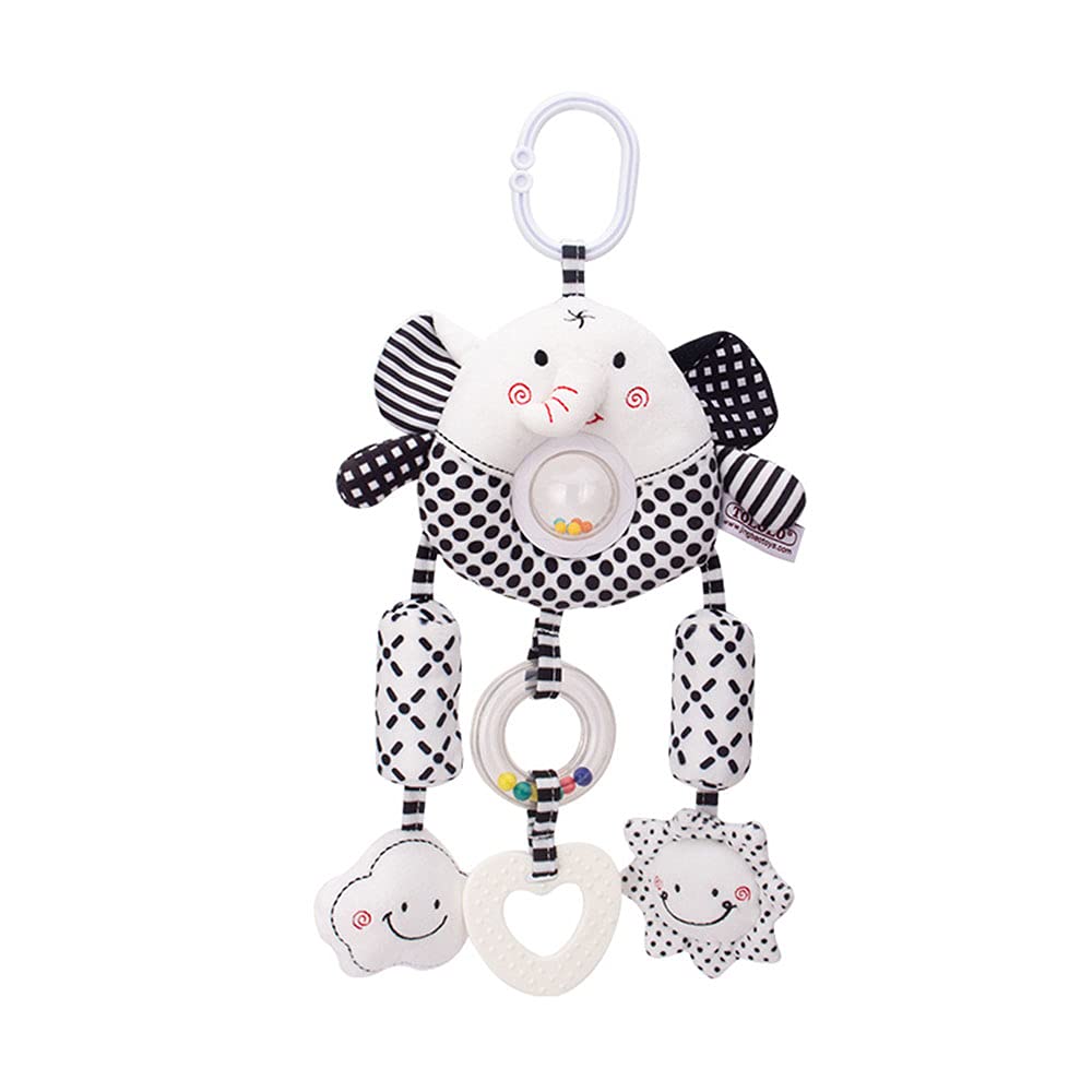 ECCHY Baby Stroller Hanging Toy, Pram Toys Hanging Plush Toys Travel Car Seat Toys with Teether and Wind Chimes, Black and White Toys for Babies Newborn 0-12 Months