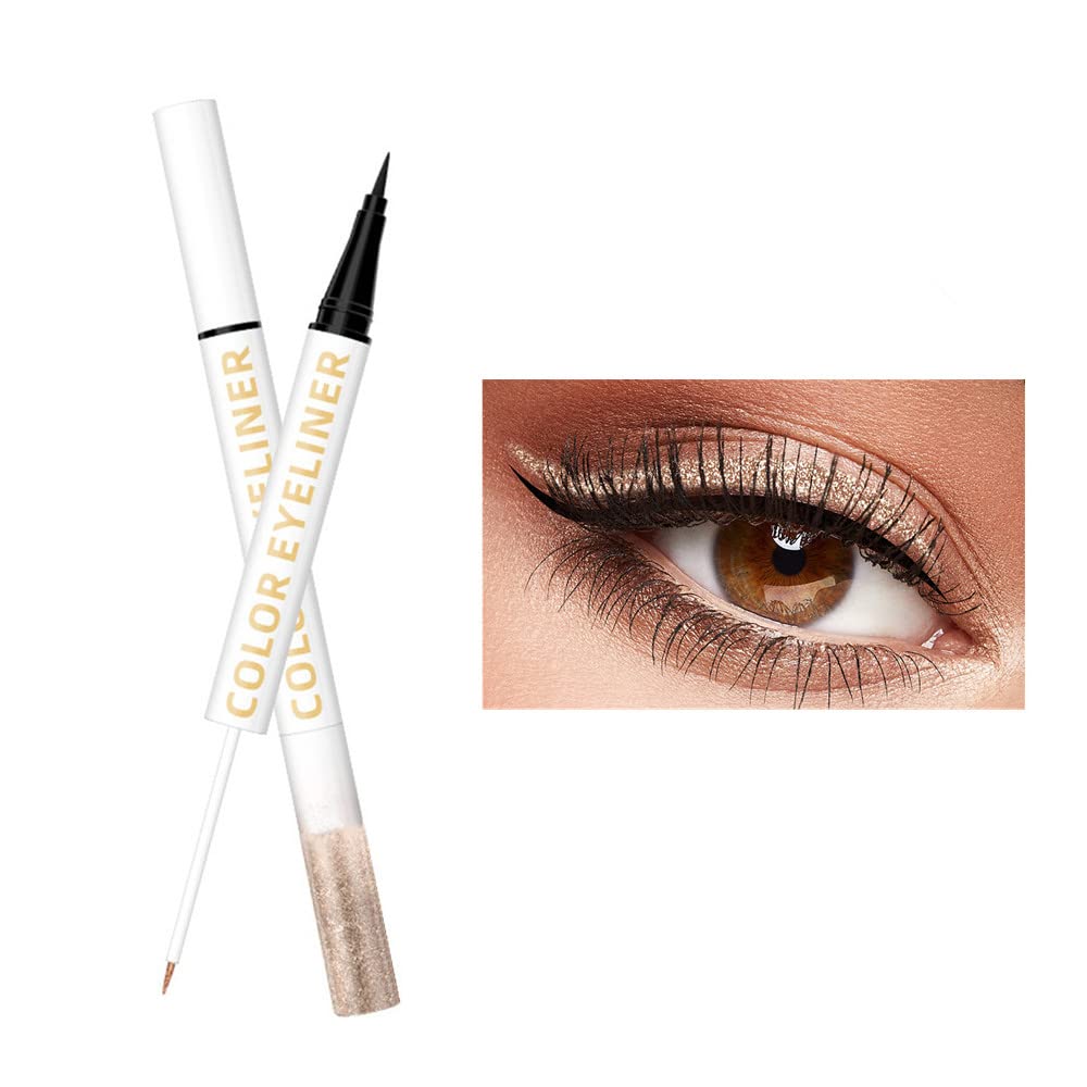 UOCK Double Ended Eyeliner Set - Black & Metallic Liquid Eyeliner Glitter Eyeliner Liquid Sparkling Eyeshadow Waterproof Glowing Eye Makeup Set (02#Champagne Gold)