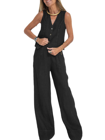 Women's Cotton Linen Tracksuit Set Solid Color Casual Linen Vest & Pants Two Piece Set Black M