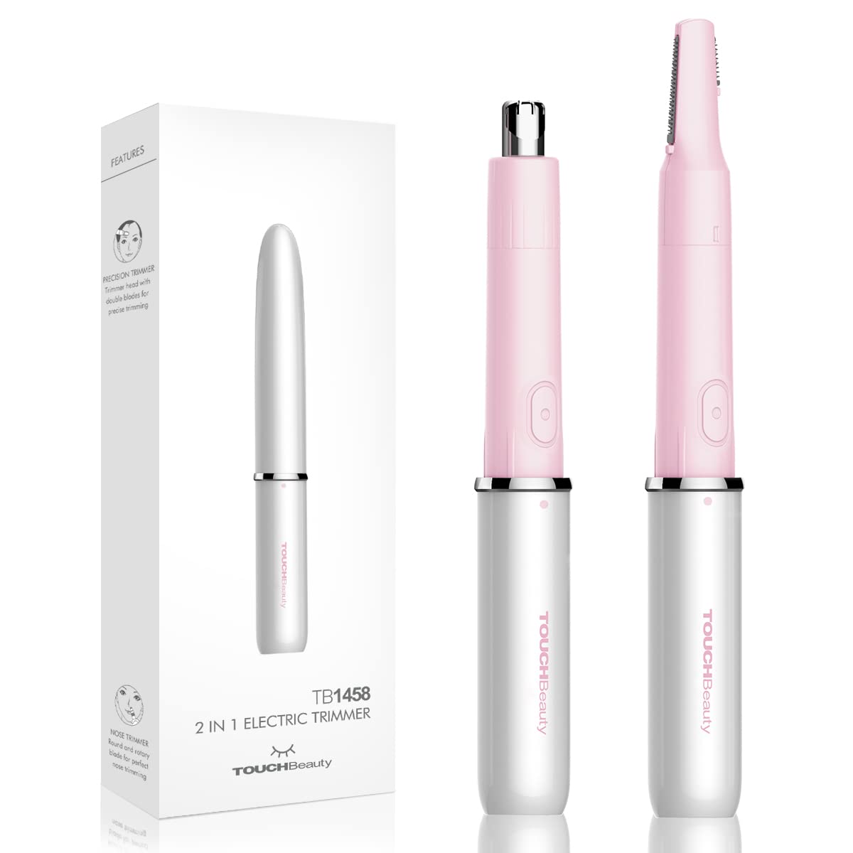 TOUCHBeauty Electric Eyebrow Hair Remover, Nose Ear Trimmer, 2 in 1 Hair Trimmer for Women and Men, Painless Trim Brow Peach Fuzz, Battery Powered AG-1458 (Pink)