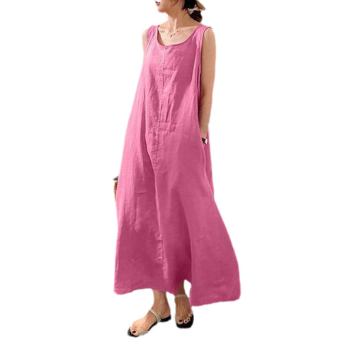 HongyMZXN Women's Solid Color Cotton and Linen Loose Dress Street Simple Temperament Sleeveless Dress Summer Large Size Comfortable Dress with Pockets 5XL Pink