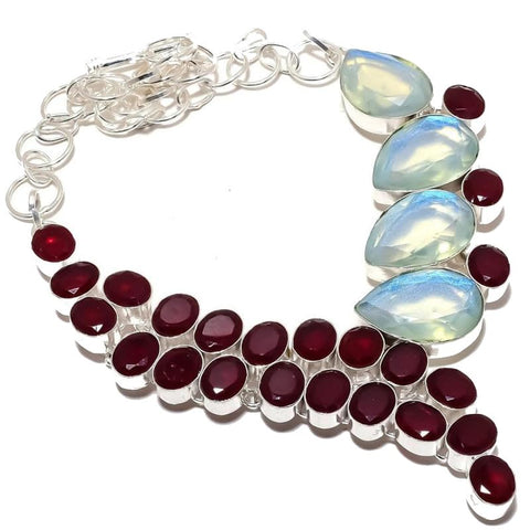 VACHEE White Opalite Red Kashmir Ruby Multi-Stone Handmade Heavy Necklace 18" For Girls Women 925 Sterling Silver Plated Jewelry From 1713