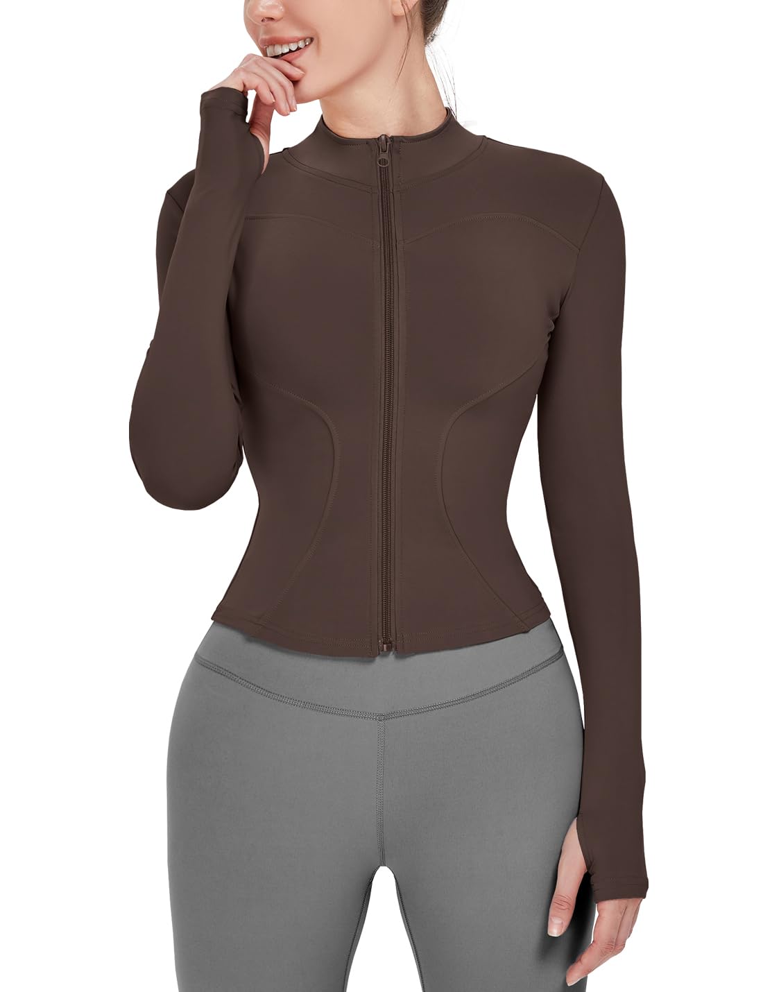 Locachy Women's Lightweight Stretchy Workout Full Zip Running Track Jacket with Thumb Holes Dark Brown XL