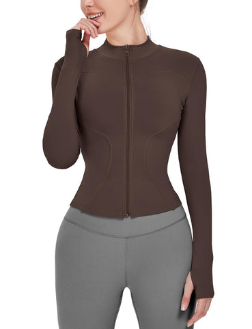 Locachy Women's Lightweight Stretchy Workout Full Zip Running Track Jacket with Thumb Holes Dark Brown XL