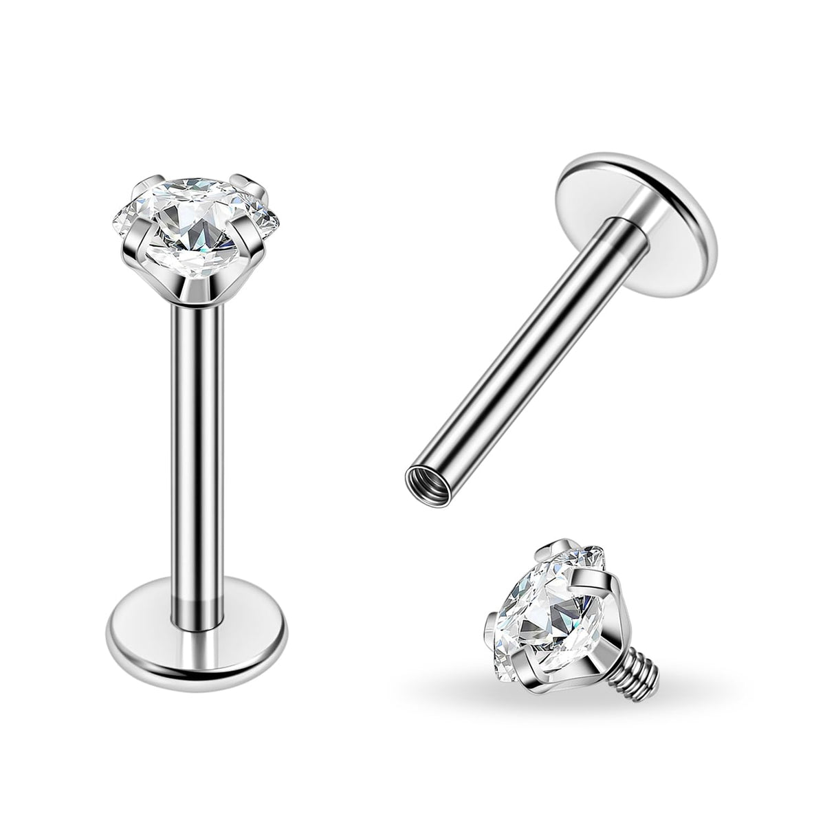 PunkTracker Titanium Steel 16g/18g Internal Thread CZ Stud Piercing Jewelry for Tragus/Nose/Helix/Conch/Medusa/Lip/Daith/Labret - Helix Tragus Cartilage Earring for Women Men 2PCS