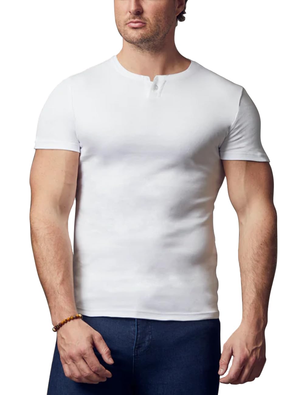 palglg Mens Short Sleeve Cotton Muscle Slim Fitted Sport Henley T-Shirt with Button White L