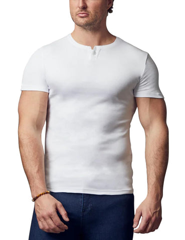 palglg Mens Short Sleeve Cotton Muscle Slim Fitted Sport Henley T-Shirt with Button White L