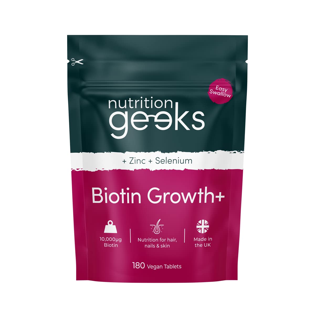 Nutrition Geeks Biotin Hair Growth Supplement - 180 Tablets Enhanced with Zinc & Selenium, Hair Vitamins Complex - Biotin 10000 mcg - Vegan, Hair Skin and Nails Vitamins for Women & Men UK