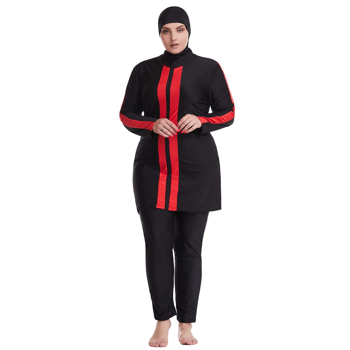 Plus Size Muslim Swimsuits for Women Modest Islamic Swimwear Burkini Full Cover Hijab Striped Long Sleeve Muslim Dress Top Pants Cap Set 3PCS Sun Protection Rash Guard Bathing Suits Black + Red 3XL