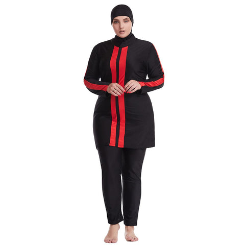 Plus Size Muslim Swimsuits for Women Modest Islamic Swimwear Burkini Full Cover Hijab Striped Long Sleeve Muslim Dress Top Pants Cap Set 3PCS Sun Protection Rash Guard Bathing Suits Black + Red 3XL