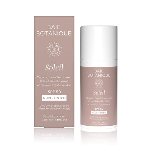 Baie Botanique Soleil - Organic Facial Sunscreen SPF 50 - Chemical Filter Free - Hyaluronic Acid & Vitamin C Sunscreen for Face - Natural - Vegan - No White Cast - Non Toxic - UVA UVB Protection 36g