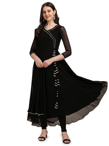 Estationeryhouse Women's Georgette Anarkali Kurta Kurti Suit with Dupatta (Bottoms not included) (XXL, Black)