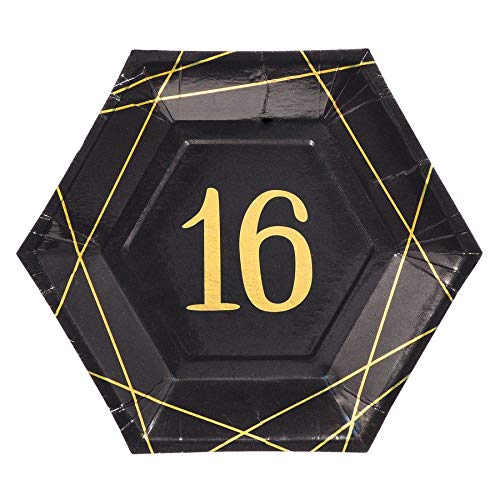 "Sweet 16" Birthday Metallic Black and Gold Hexagonal Party Plates 7", 8 Ct.