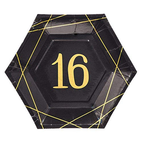 "Sweet 16" Birthday Metallic Black and Gold Hexagonal Party Plates 7", 8 Ct.