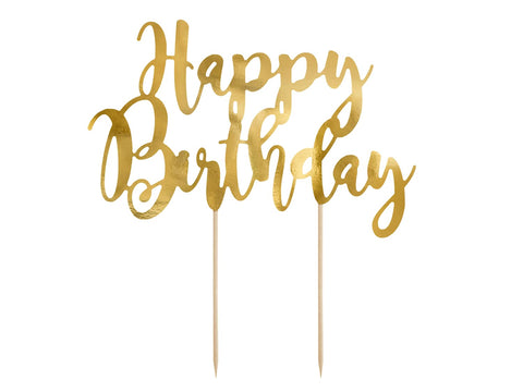 PartyDeco Gold "Happy Birthday" Cake Topper - Golden Mirror Foil, Elegant Cake Decoration for Birthday Celebrations, Ideal for Cakes and Desserts