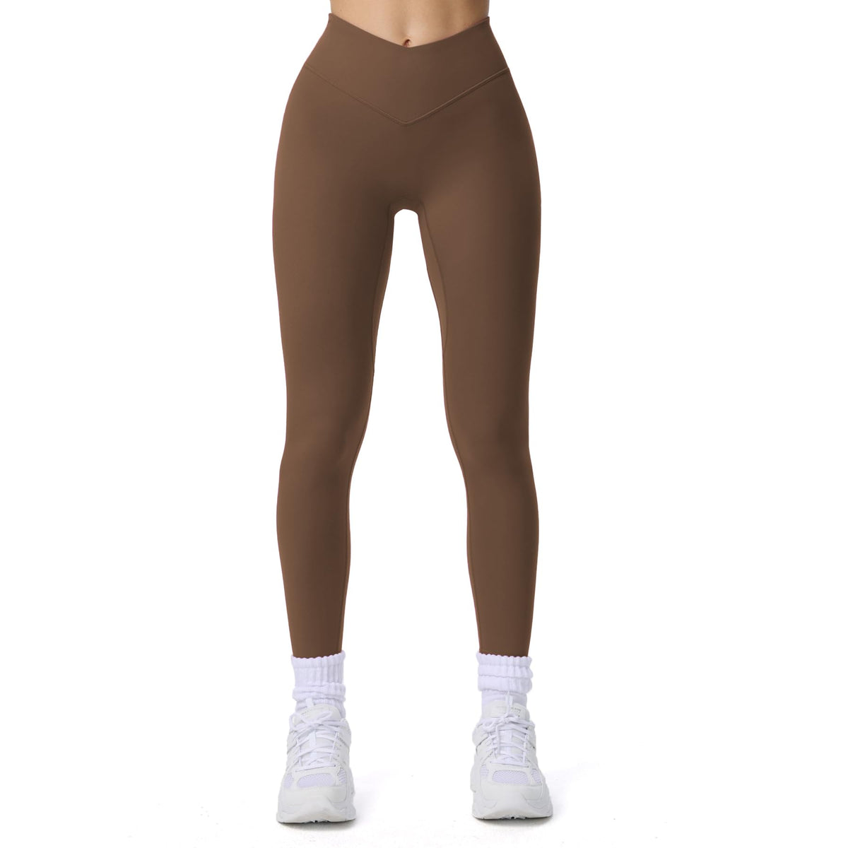 Aoxjox Workout Leggings for Women Tummy Control Athletic Gym Running Vanity V Waist Hidden Scrunch Yoga Pants, Fudge Coffee, S