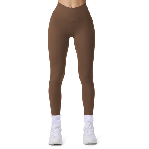Aoxjox Workout Leggings for Women Tummy Control Athletic Gym Running Vanity V Waist Hidden Scrunch Yoga Pants, Fudge Coffee, S