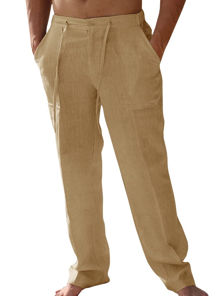 PASLTER Mens Casual Linen Pants Loose Fit Straight-Legs Elastic Drawstring Waist Summer Beach Yoga Long Pants A-Khaki