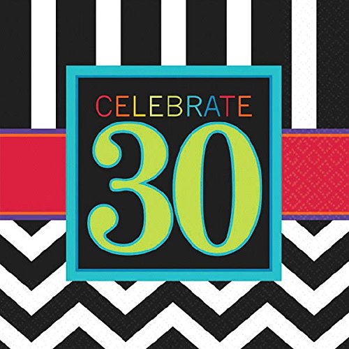Must-Have Chevron and Stripes 30th Birthday Party Beverage Napkins Tableware, Pack of 16, Multi , 5"x5" Paper