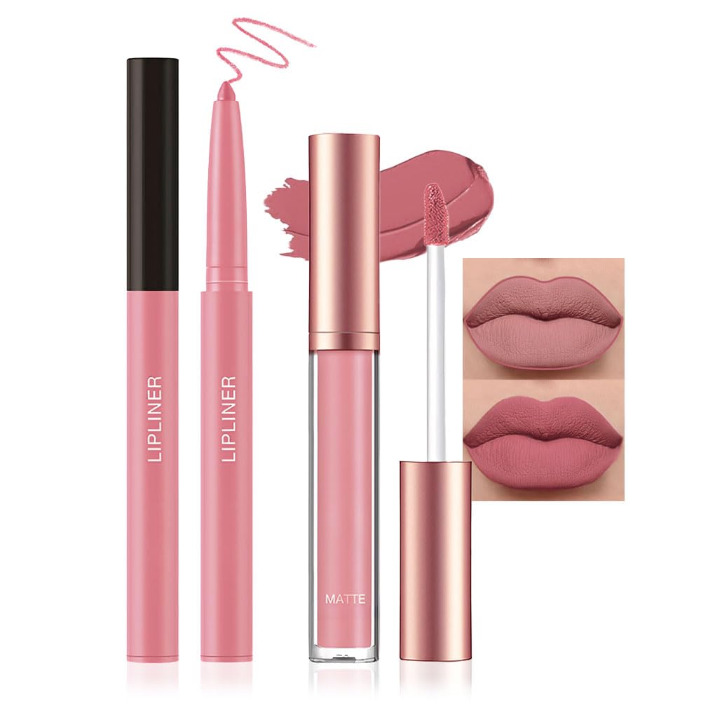 2Pcs Nude Color Matte Liquid Lipstick and Lip Liner Pencil Sets,High Pigmented Lipstick and Retractable Lipliner for Daily Makeup,Women Long Lasting Smudge Proof Lipstick and Lip Liners Combo Pencil
