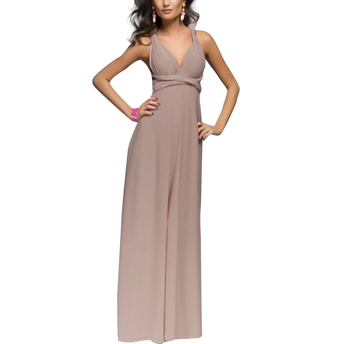 OBEEII Women's Infinity Convertible Multi Way Evening Dress Transformer/Wrap Cocktail Homecoming Hi-Lo Maxi Gown Light BrownM