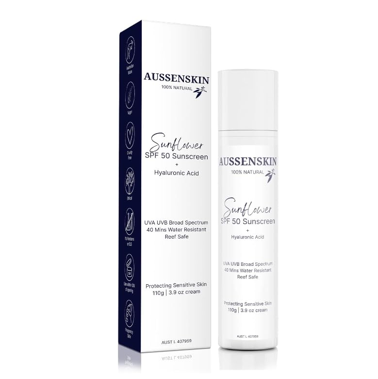 AUSSENSKIN Reef Safe Sunflower SPF50 Organic Facial Sunscreen with Hyaluronic Acid | Hydrating | No White Cast | Sensitive Skin | Vegan | Cruelty Free | Safe Sunscreen | Pregnancy Safe