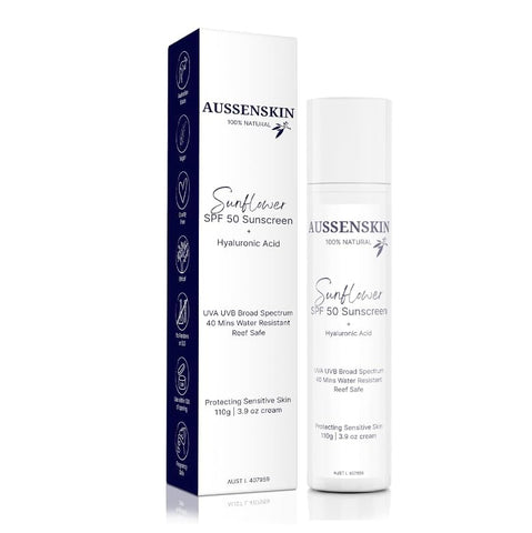 AUSSENSKIN Reef Safe Sunflower SPF50 Organic Facial Sunscreen with Hyaluronic Acid | Hydrating | No White Cast | Sensitive Skin | Vegan | Cruelty Free | Safe Sunscreen | Pregnancy Safe