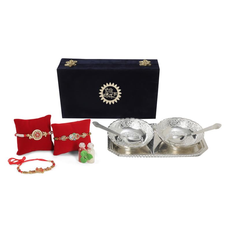 INTERNATIONAL GIFT German Silver Handwork Bowl Spoon Tray Or Carry Bag with Raksha Bandhan Tag