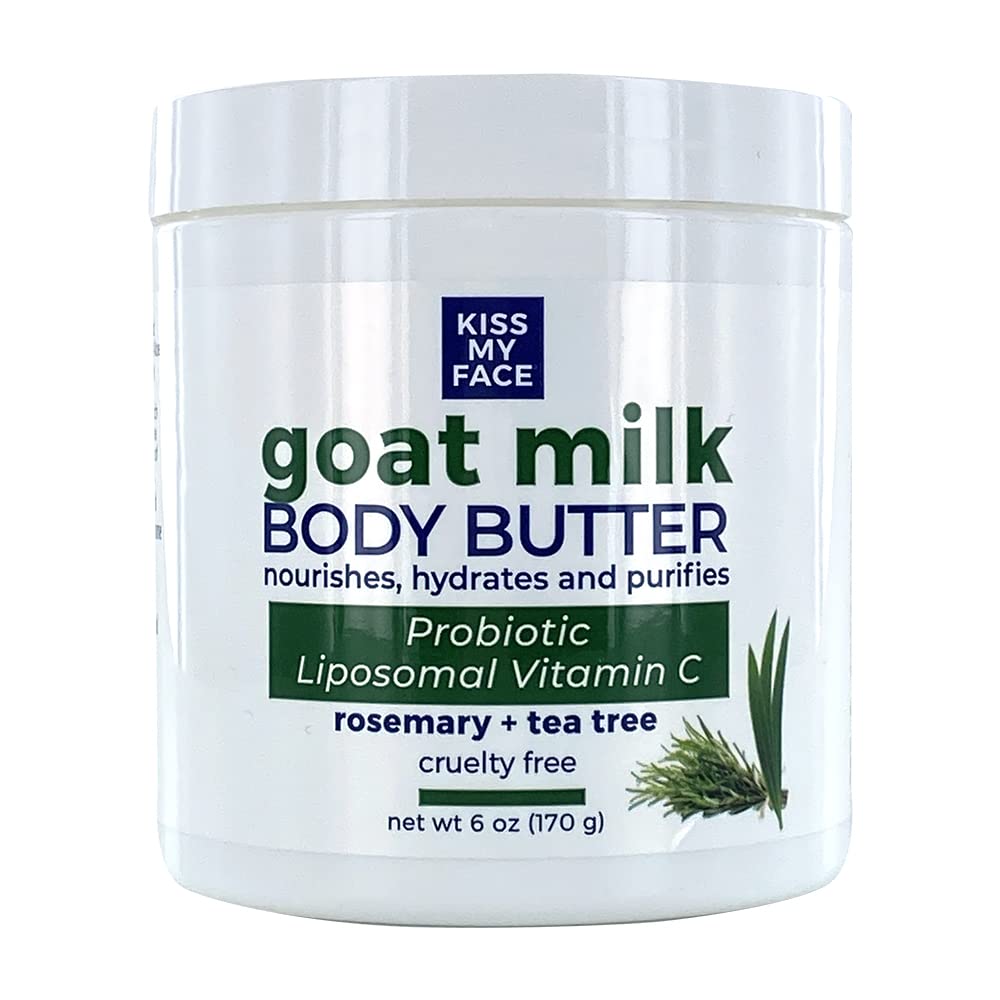 Kiss My Face Goat Milk Body Butter - Rosemary + Tea Tree - Antioxidant Blend of Olive Oil, Aloe & Liposomal Vitamin C - 3XBIOTIC Complex - Cruelty-Free - 6 oz Jar
