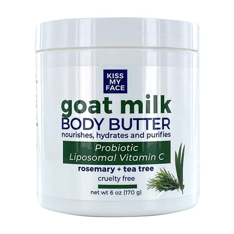 Kiss My Face Goat Milk Body Butter - Rosemary + Tea Tree - Antioxidant Blend of Olive Oil, Aloe & Liposomal Vitamin C - 3XBIOTIC Complex - Cruelty-Free - 6 oz Jar