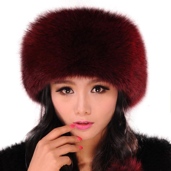 Winter Faux Fur and Faux Leather Skullies Beanie Hat for Women Fluffy Bucket Hat Snow Cap Wine